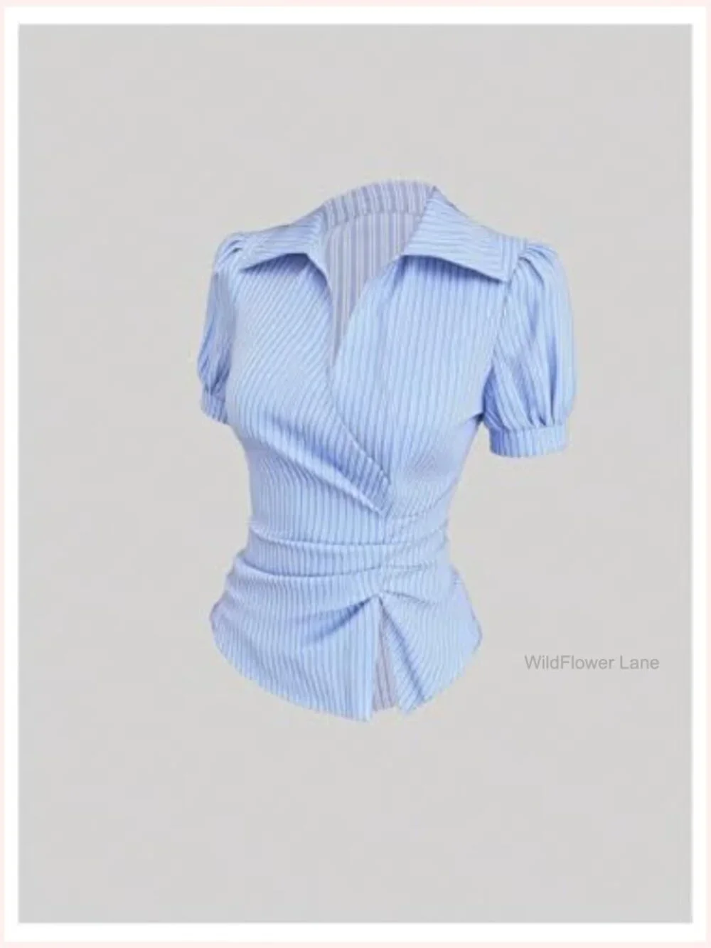 Striped Puff Sleeve Wrap Blouse Pleated Tied Waist Work Top